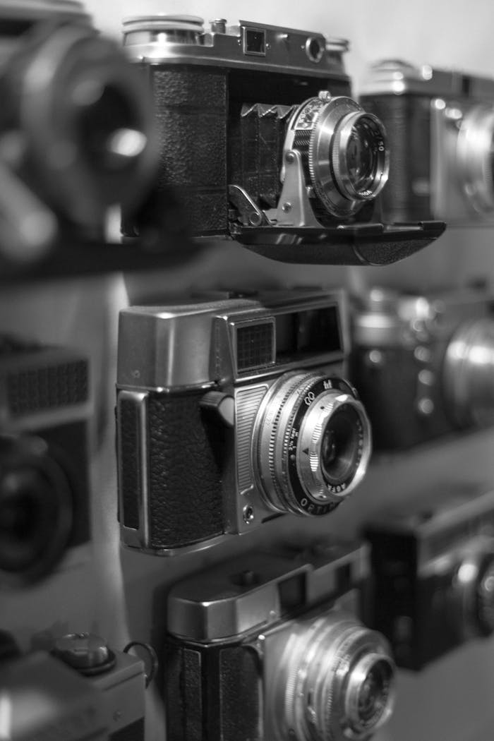 A collection of vintage cameras displayed on a wall, captured in black and white.